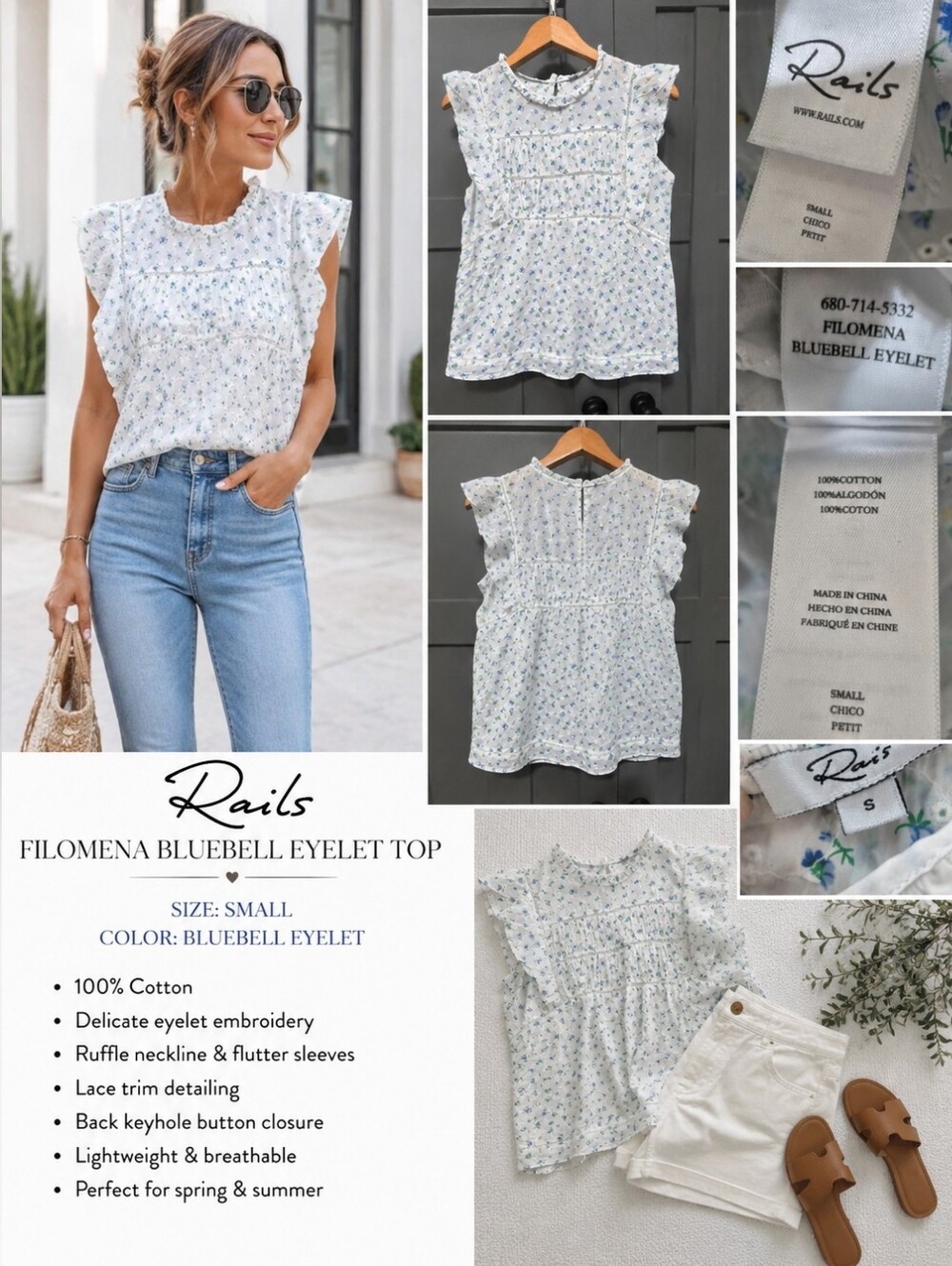 Rails Filomena Bluebell Eyelet Floral Flutter Sleeve Cotton Blouse Top Size S